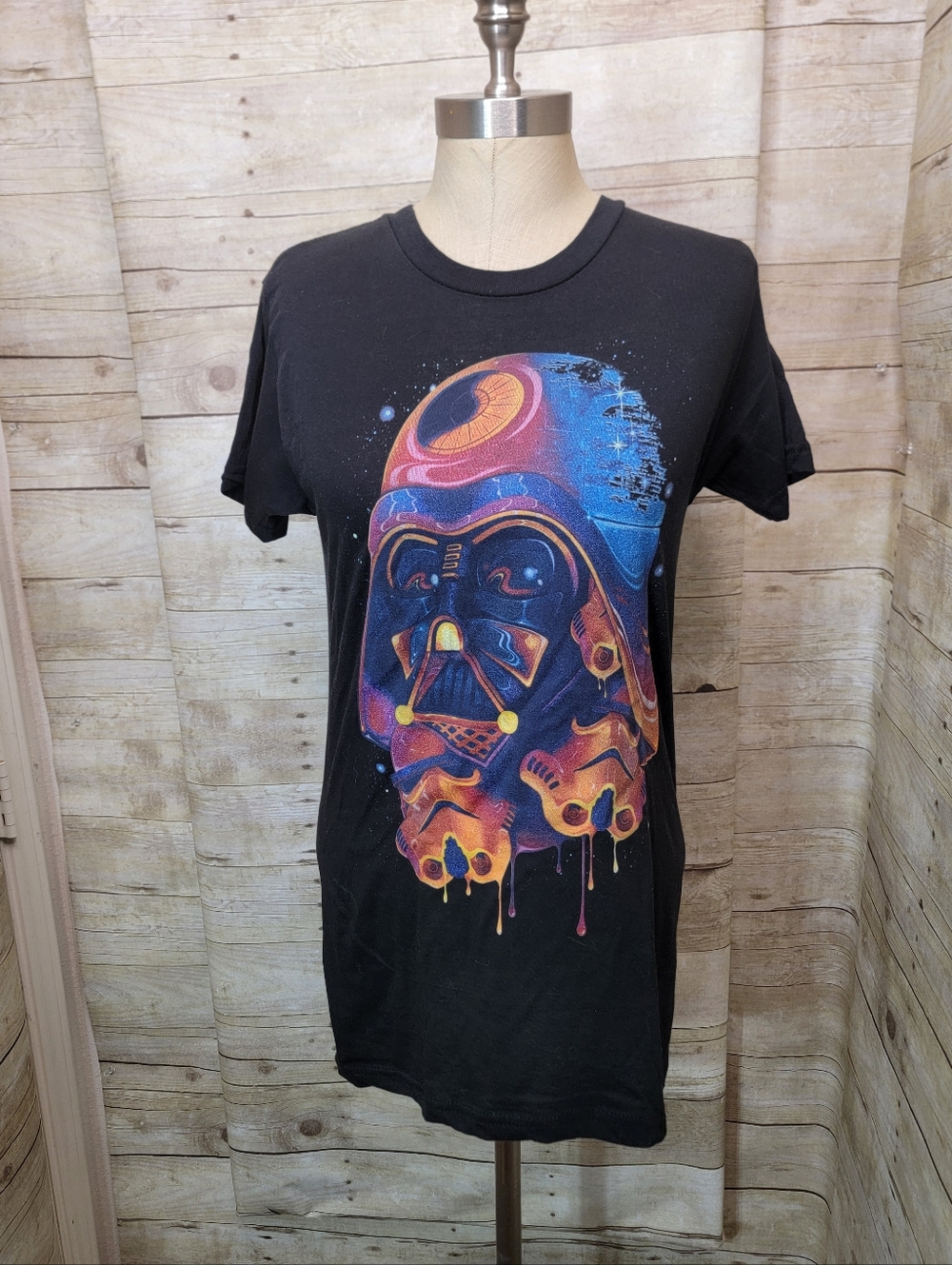 Black Graphic Tee with Neon Darth Vader Helmet